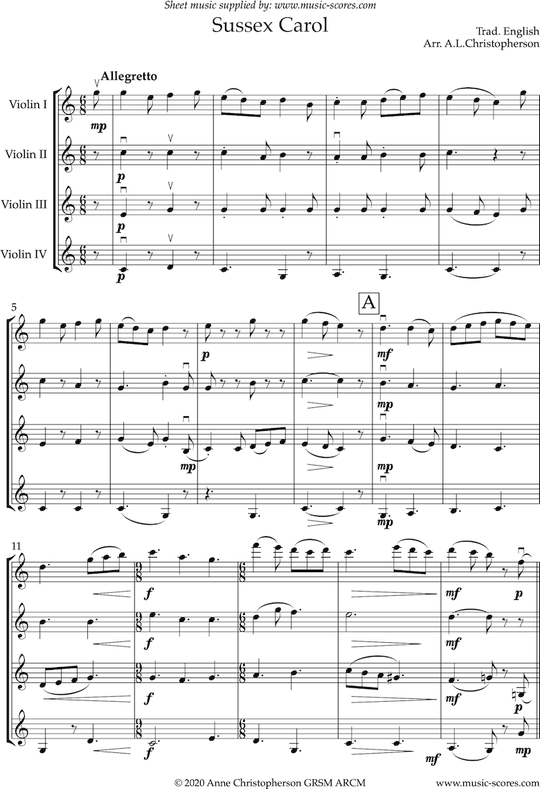 Front page of The Sussex Carol: 4 Violins sheet music