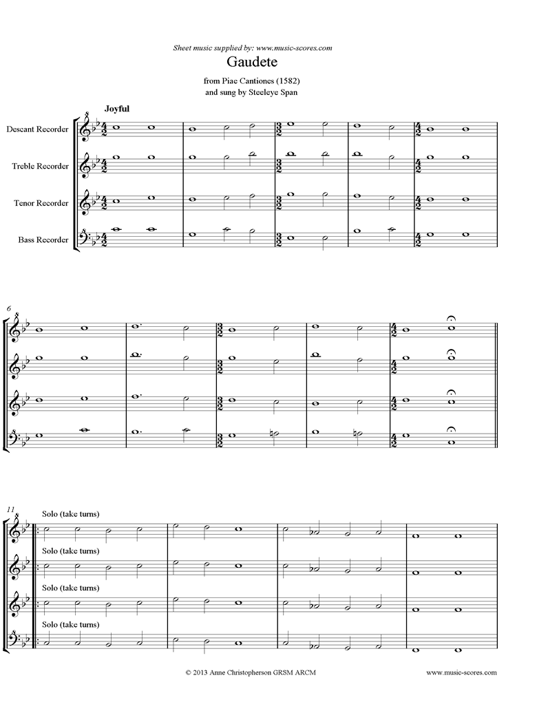 Front page of Gaudete: Descant, Treble, Tenor, Bass Recorder sheet music