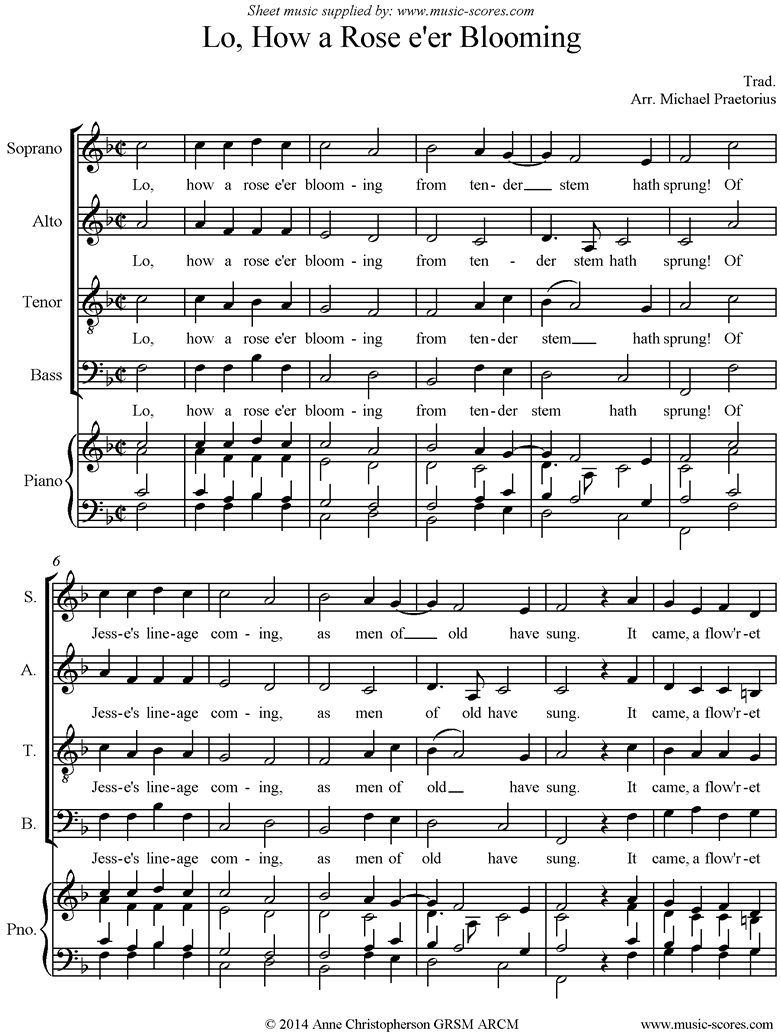Front page of Lo How a Rose e er Blooming: Choir SATB, piano accompaniment sheet music