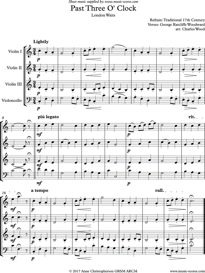 Front page of Past 3 oclock: 3 Violins, Cello sheet music