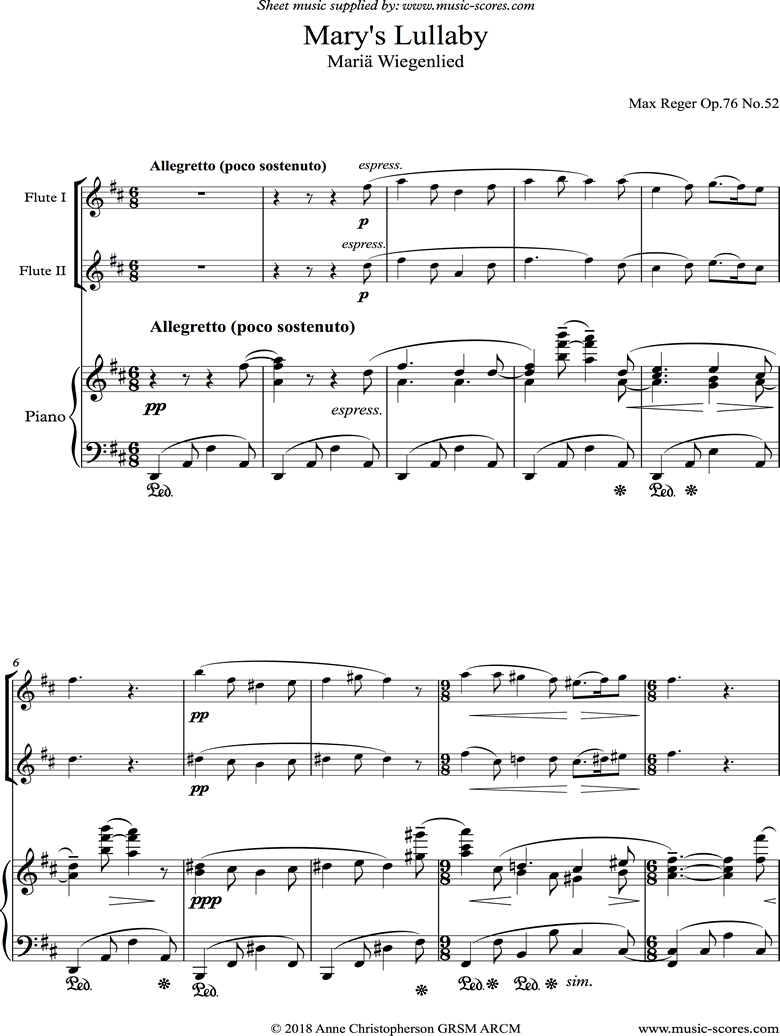 Front page of Marys Lullaby: 2 Flutes, Piano. sheet music