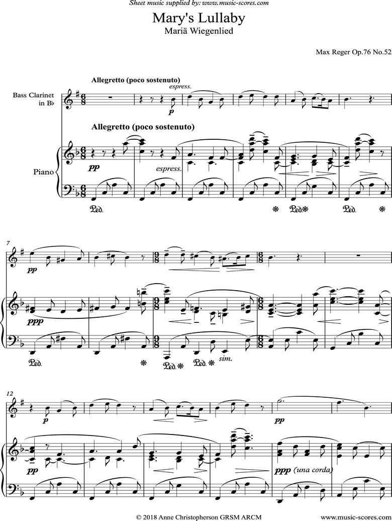 Front page of Marys Lullaby: Bass Clarinet, Piano. sheet music