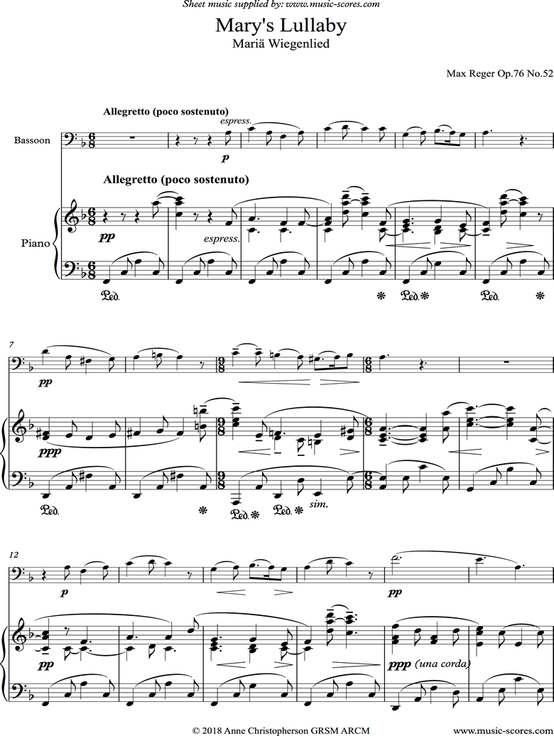 Front page of Marys Lullaby: Bassoon, Piano. sheet music