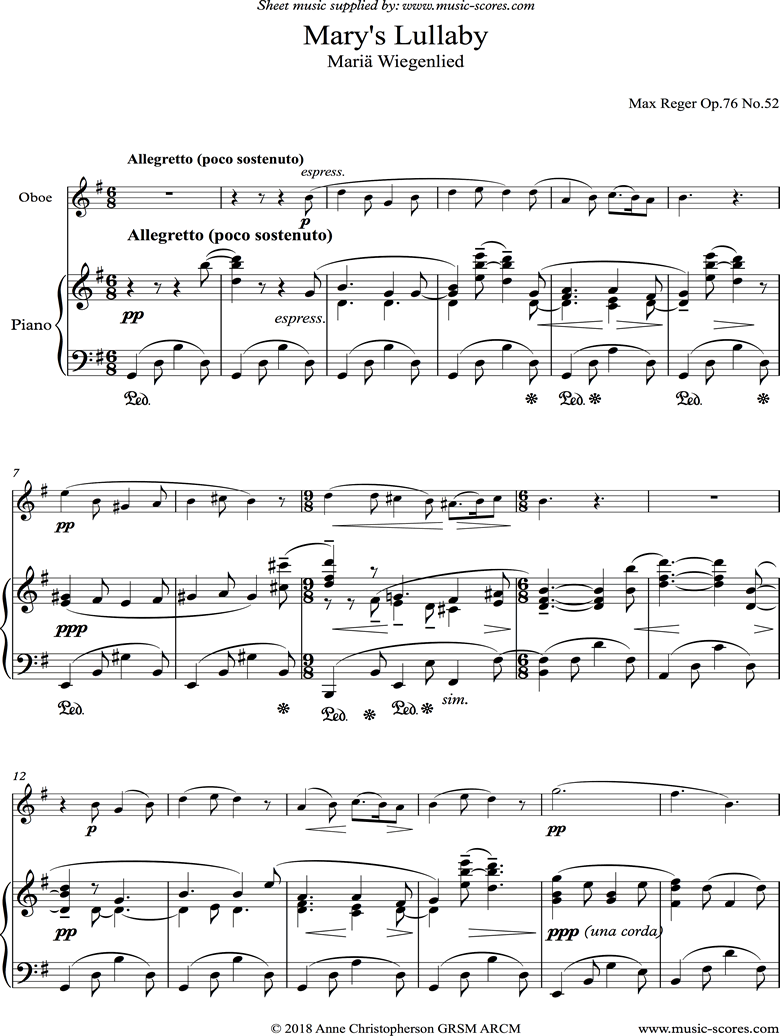 Front page of Marys Lullaby: Oboe, Piano. sheet music