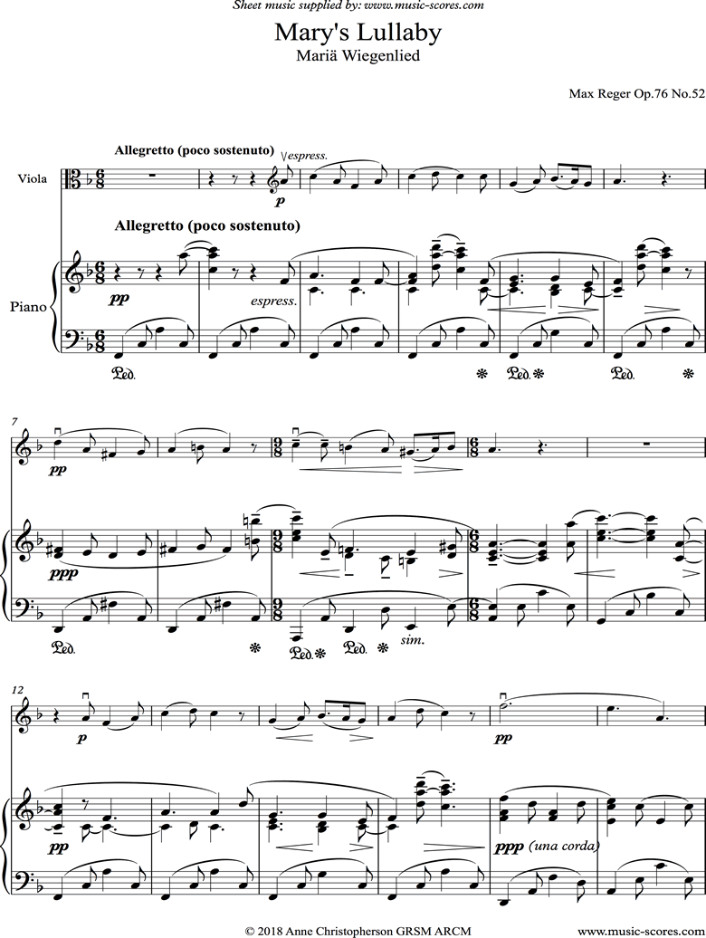 Front page of Marys Lullaby: Viola, Piano. sheet music