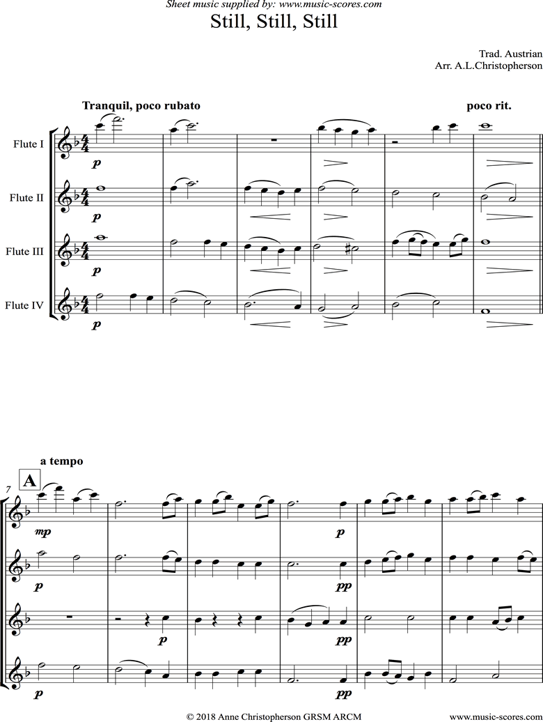Front page of Still, Still, Still: Flute Quartet sheet music