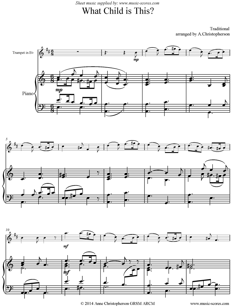 Front page of What Child is This: Trumpet sheet music