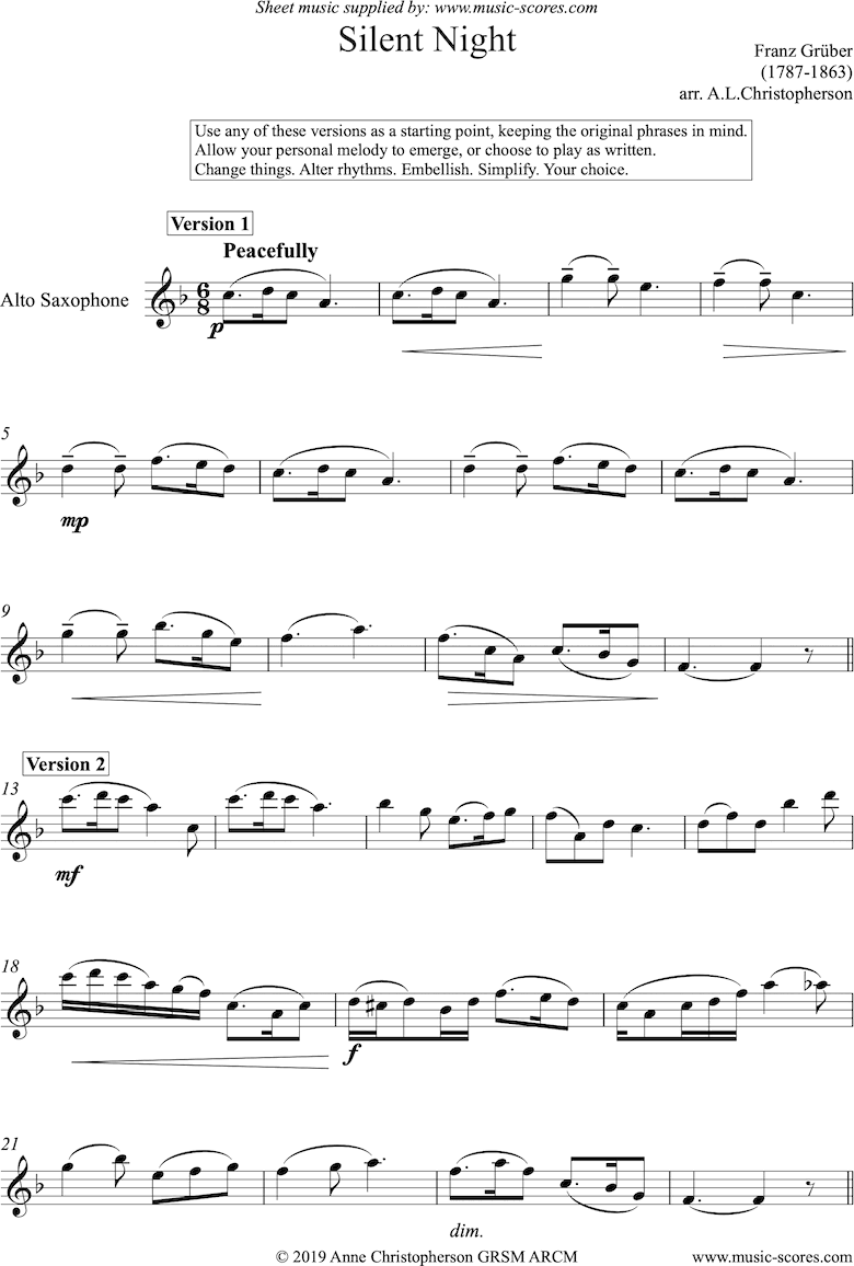 Front page of Silent Night, Holy Night: Solo Alto Sax sheet music