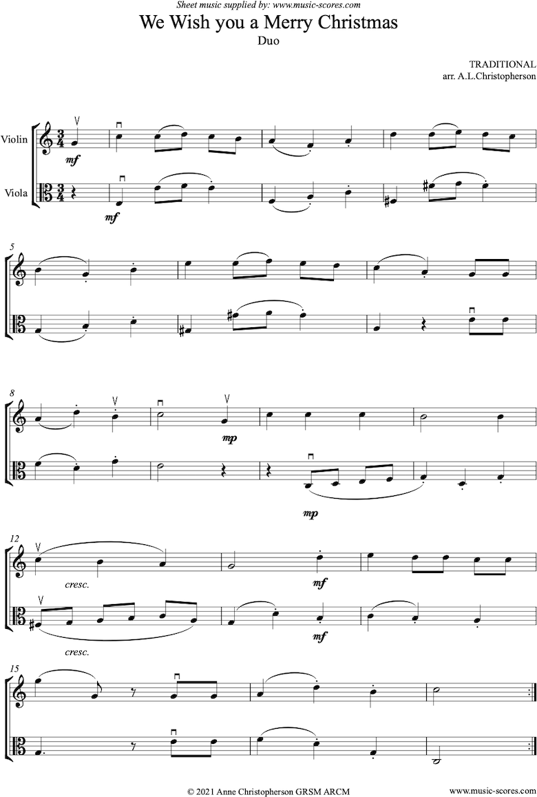 Front page of We Wish You a Merry Christmas: Violin, Viola sheet music