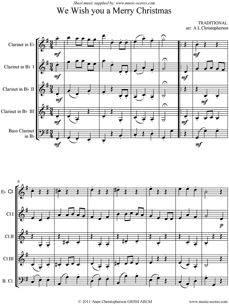Front page of We Wish You a Merry Christmas: Clarinet Quintet sheet music