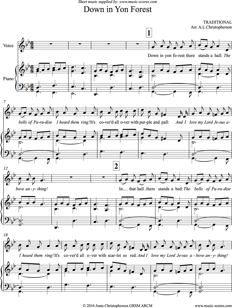 Front page of Down in Yon Forest: Voice, Piano sheet music
