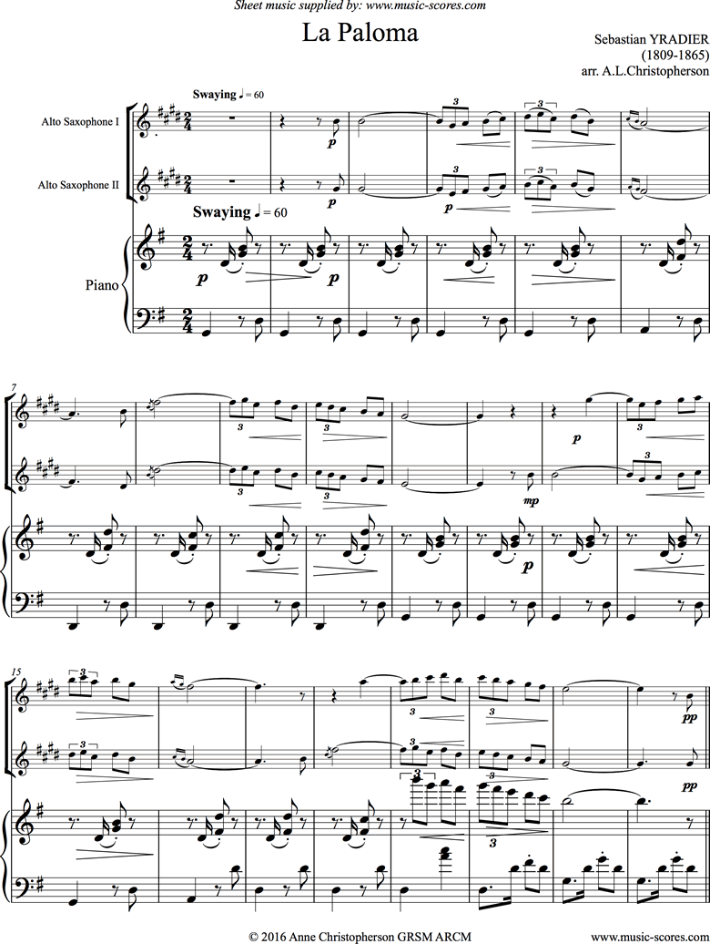 La Paloma: 2 Alto Saxes, Piano by Yradier