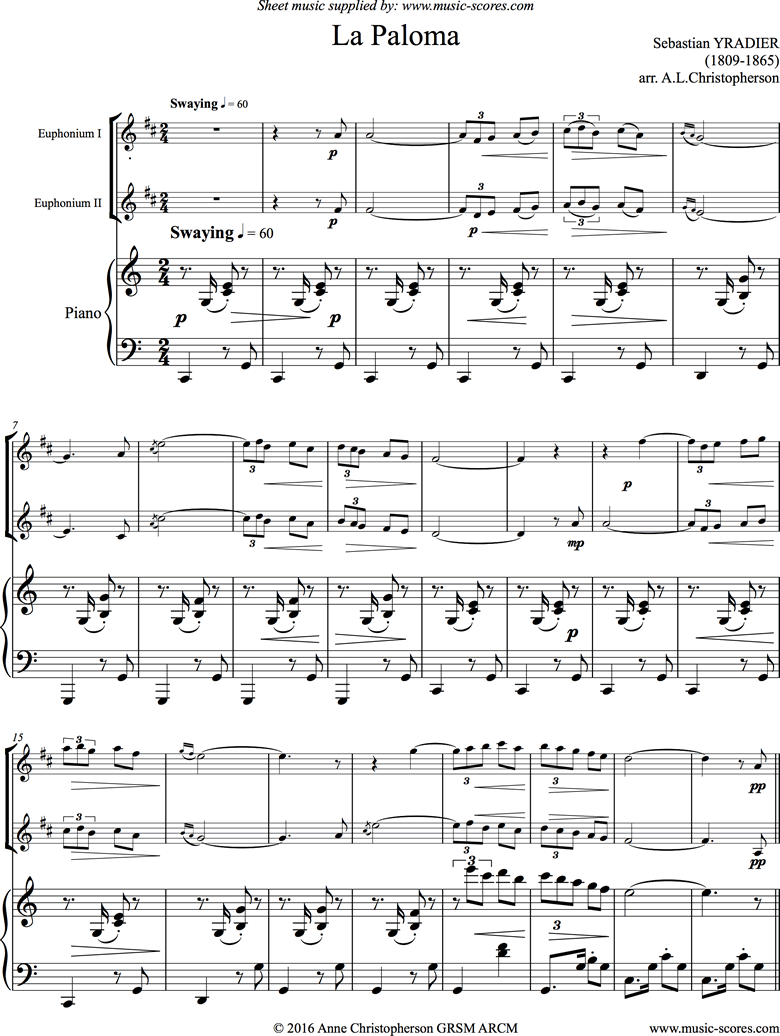 La Paloma: 2 Euphs, Piano by Yradier