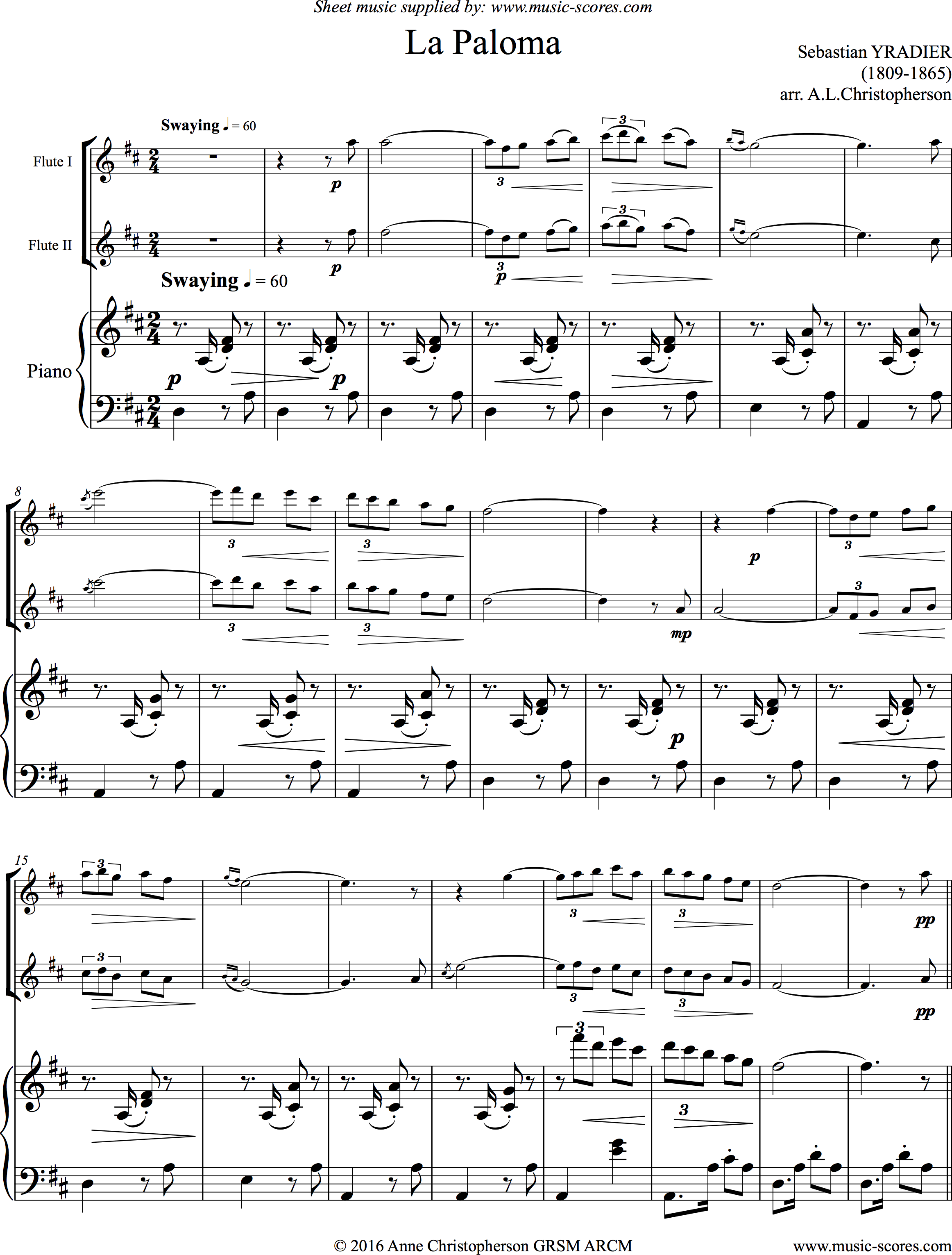 La Paloma: 2 Flutes, Piano by Yradier