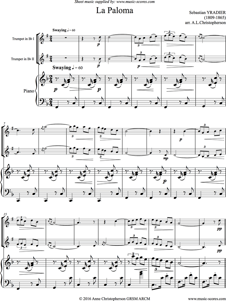 La Paloma: 2 Trumpets, Piano by Yradier