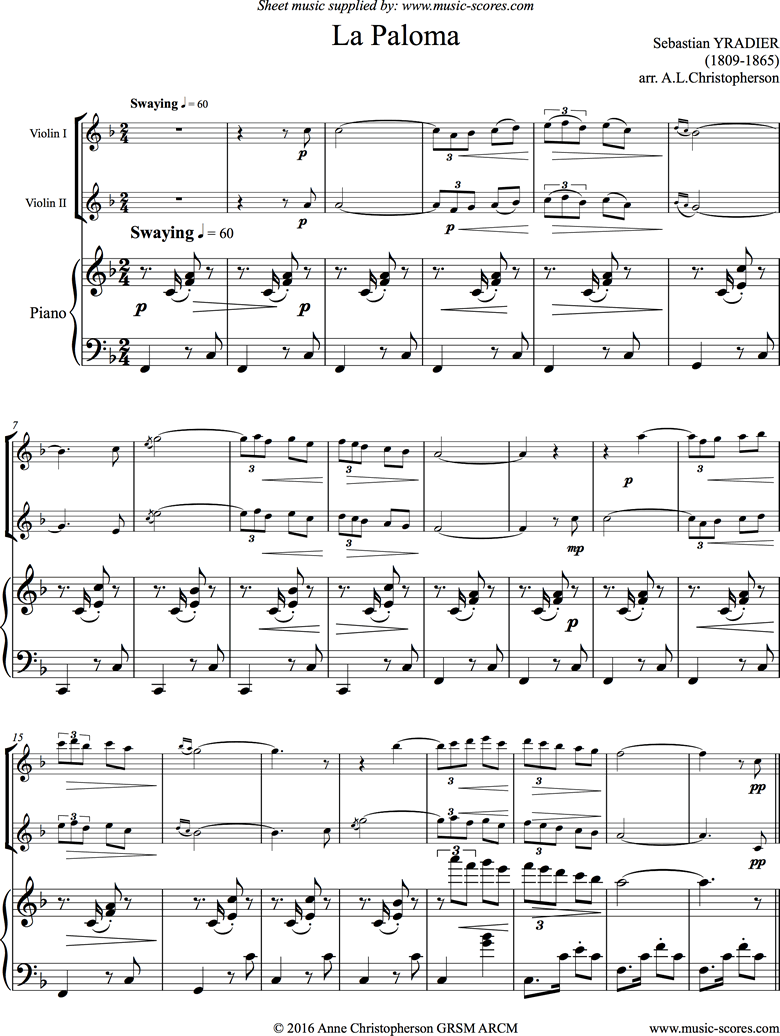 La Paloma: 2 Violins, Piano by Yradier