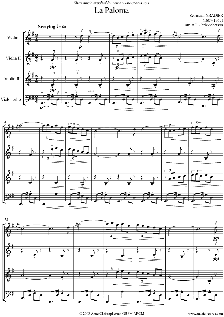 La Paloma: 3 Violins and Cello by Yradier
