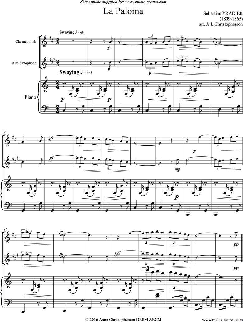 La Paloma: Clarinet, Alto Sax, Piano by Yradier