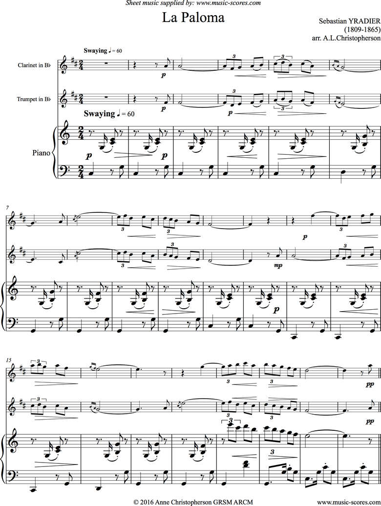 La Paloma: Clarinet, Trumpet, Piano by Yradier