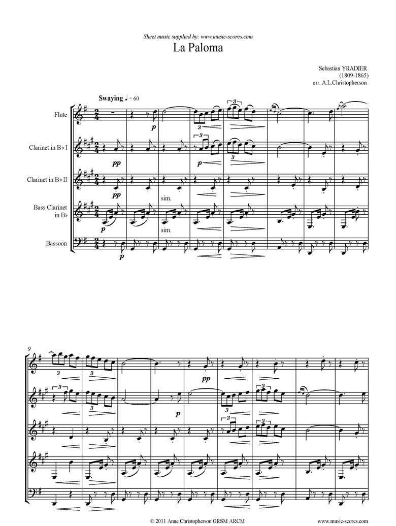 Front page of La Paloma: Flute, 2 Clarinets, Bassoon, Bass Clarinet sheet music