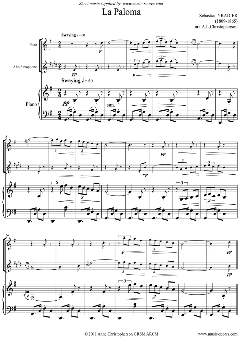La Paloma: Flute, Alto Sax, Piano by Yradier