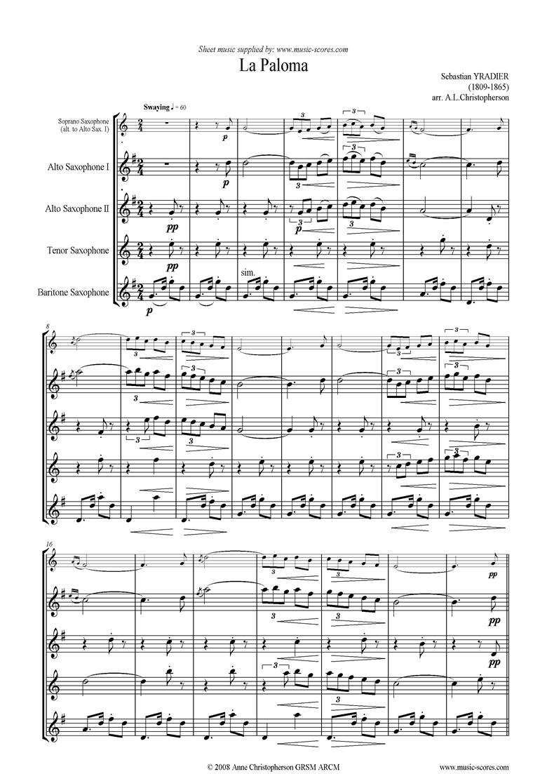 La Paloma: Sax Quartet by Yradier