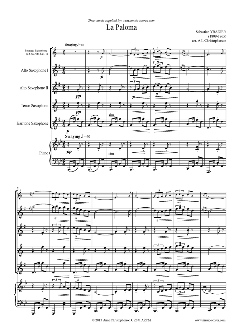 Front page of La Paloma: Sax Quartet, Piano sheet music