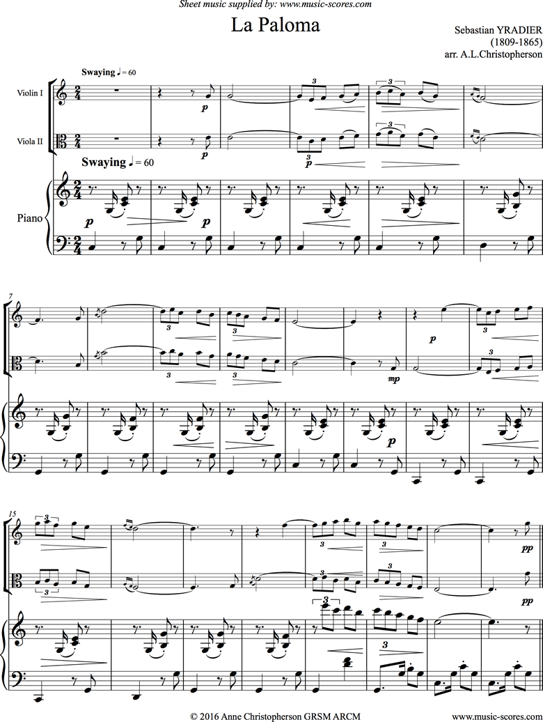La Paloma: Violin, Viola, Piano by Yradier