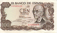 100 Pesatas note featuring Manuel y Falla