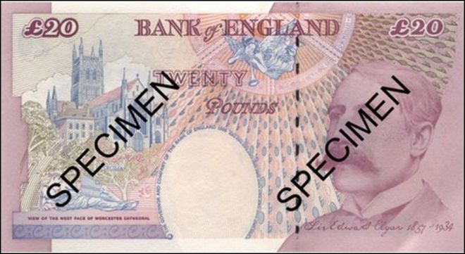 Specimen twenty pound note with Sir Edward Elgar on one side