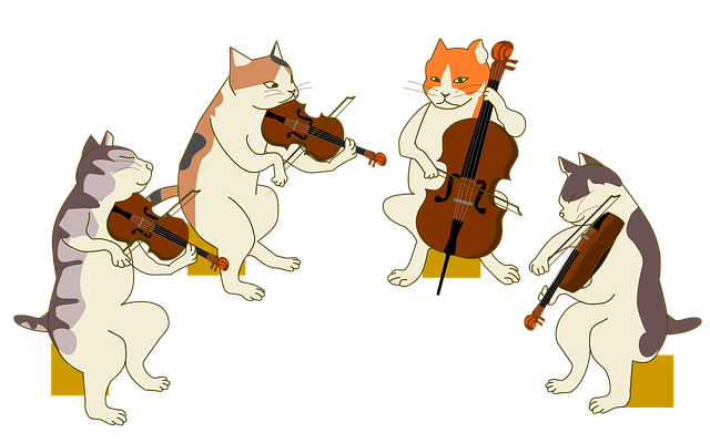 A drawing of four cats playing a string quartet