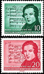 1956 Two German Stamps bearing an image of Robert Schumann's head and shoulders on