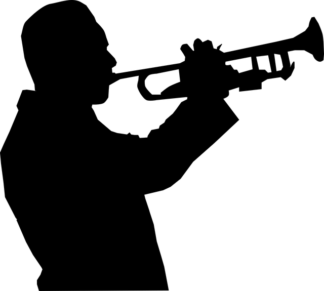 Black image on a white background of a man playing the trumpet