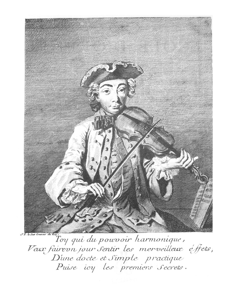 A black and white portrait of Michel Corrette playing the violin