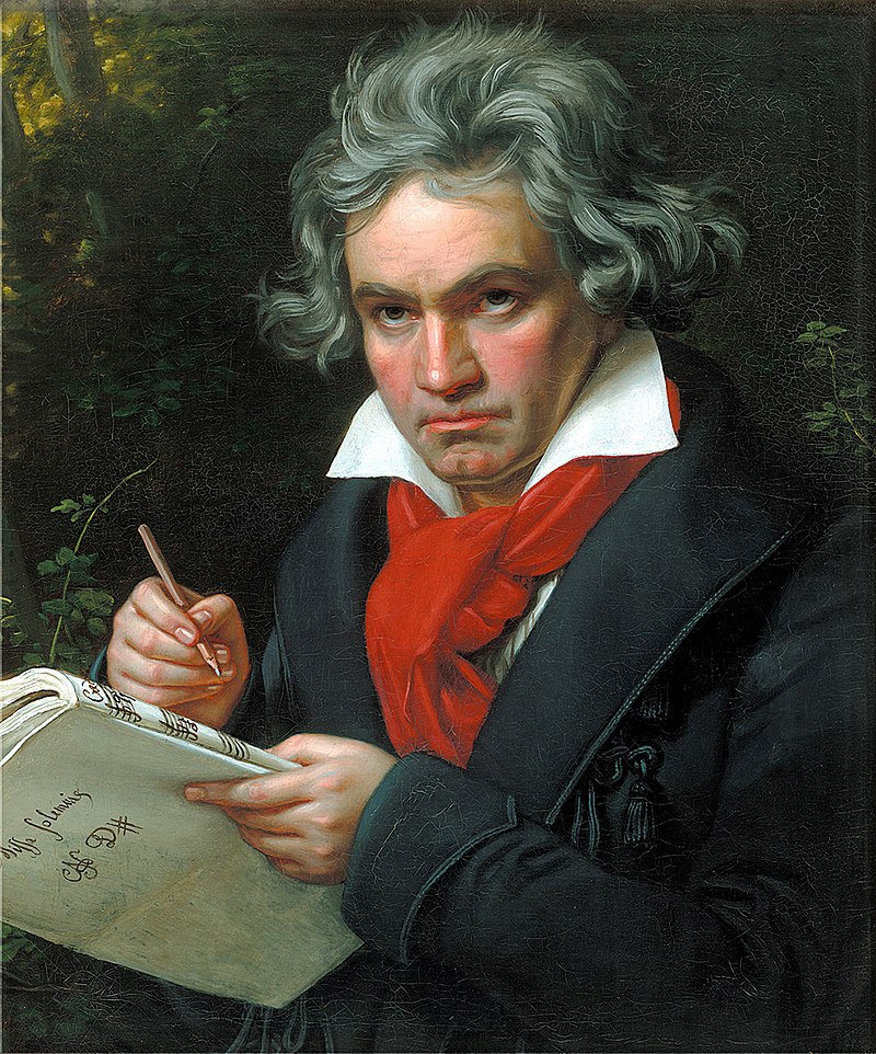 Colour Portrait of Beethoven holding some sheet music in 1820 