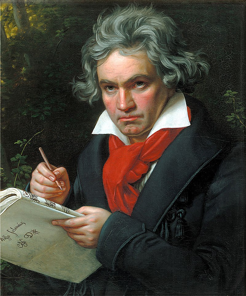 Colour Portrait of Beethoven holding some sheet music in 1820