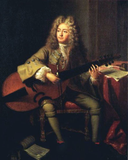 A colour portrait of Marin Marais in 1704 in his late forties by Andre Buoys