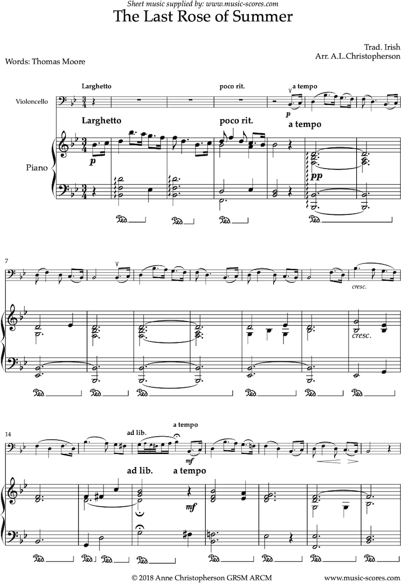 The Last Rose of Summer Sheet Music for Cello and Piano by Johannes Brahms