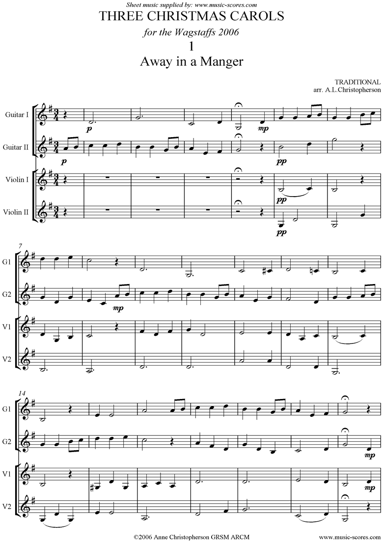 Front page of Three Carols: 2 violins and 2 guitars sheet music