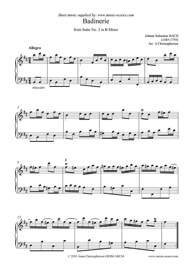 Front page of Suite No. 2 in B minor: Badinerie: piano sheet music
