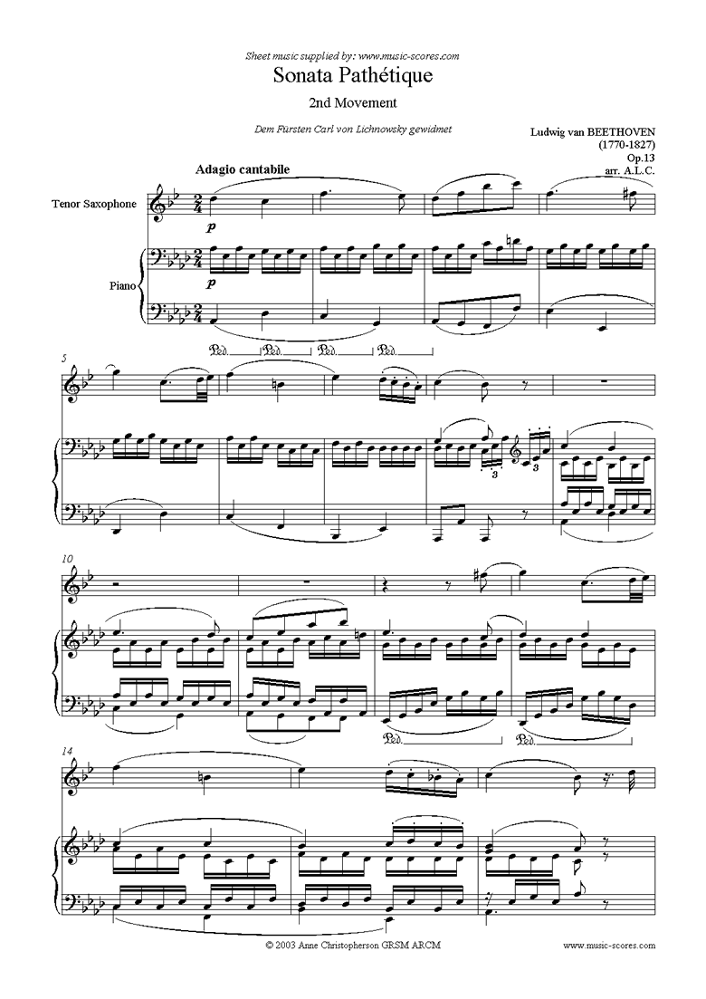 Front page of Op.13: Sonata 08: Pathétique, 2nd mvt: Tenor Sax sheet music