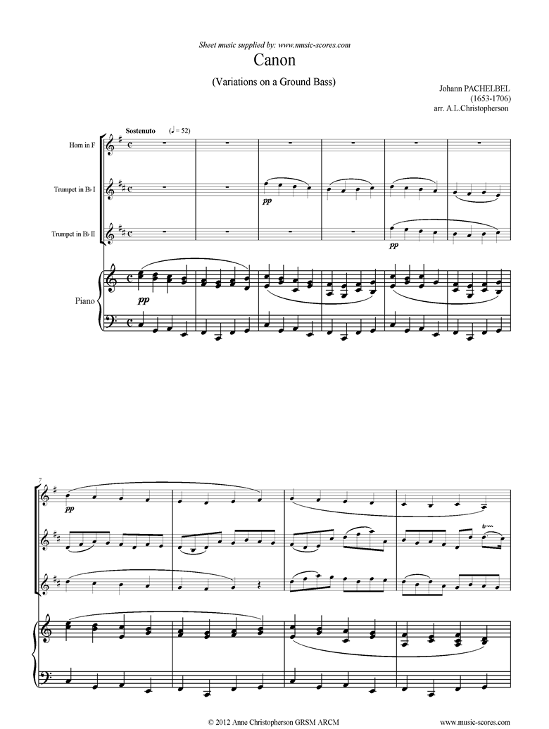 Front page of Canon: for 2 Trumpets, French Horn and piano sheet music