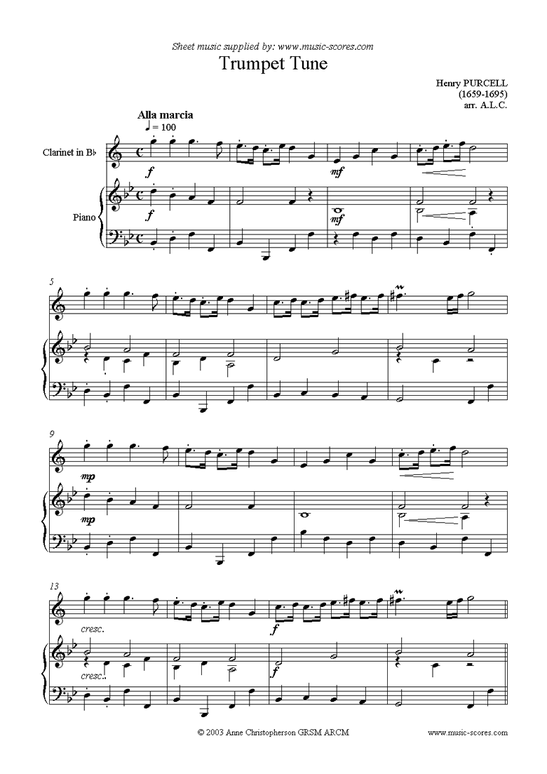 Front page of Trumpet Tune: Clarinet sheet music