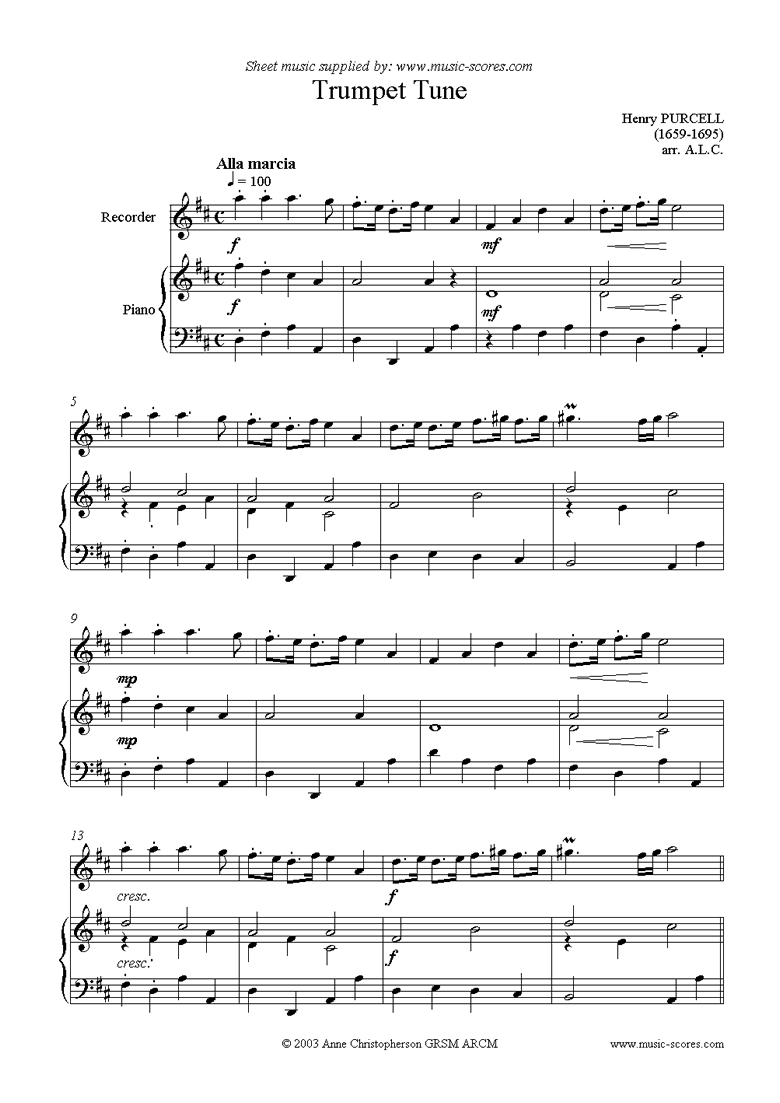 Front page of Trumpet Tune: Recorder sheet music