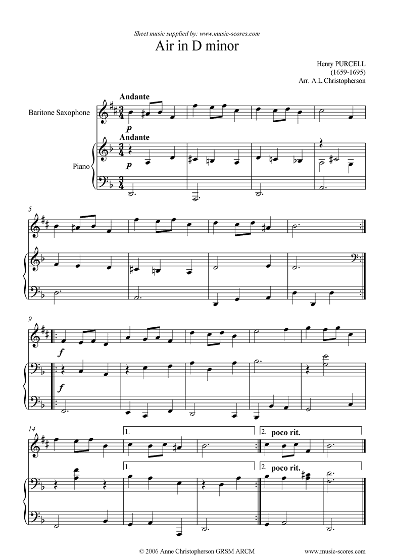 Front page of Air in D minor: Baritone Sax sheet music