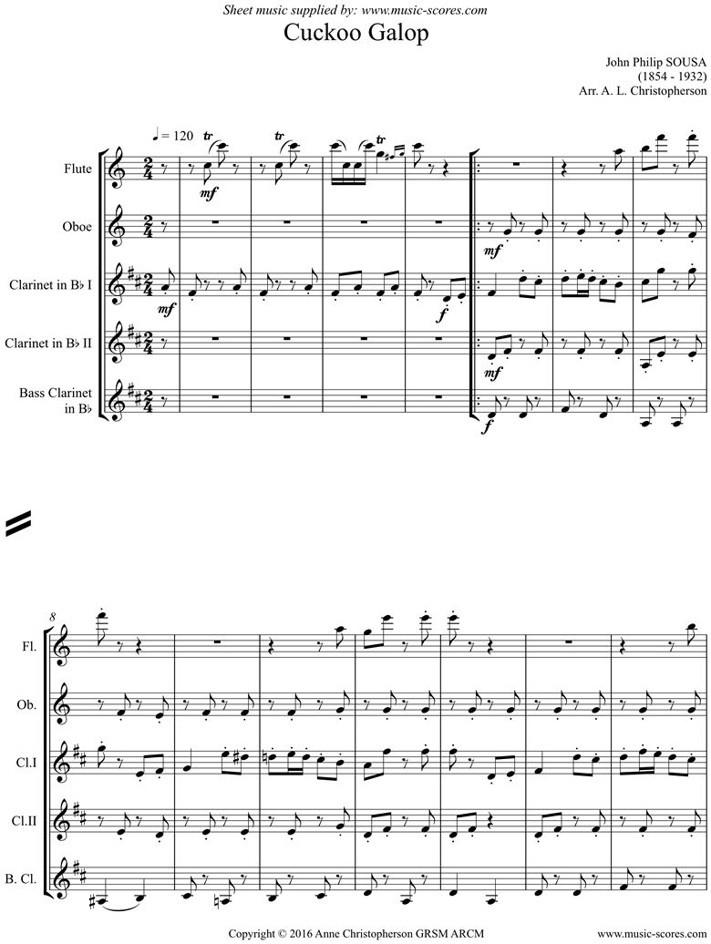 Front page of Cuckoo Galop: flute, oboe, 2 clarinets, bass clarinet sheet music