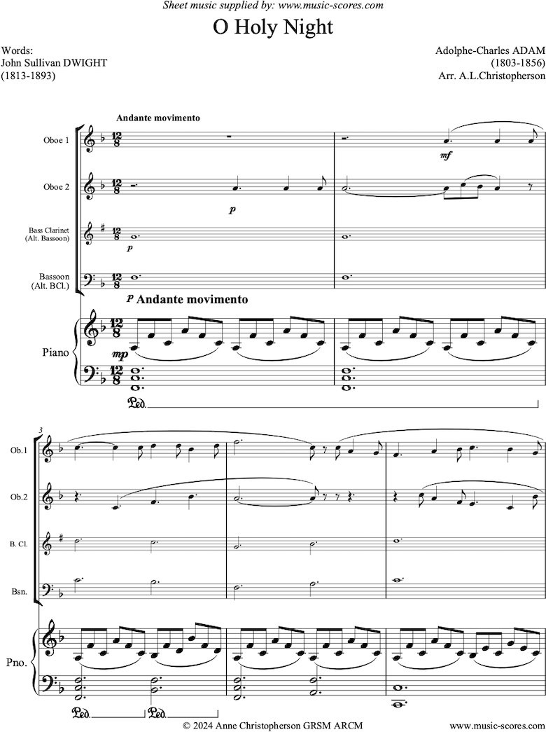 Front page of O Holy Night, or Cantique de Noel. 2 Oboes, Bassoon, Piano sheet music