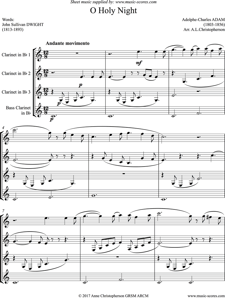Front page of O Holy Night, or Cantique de Noel. Clarinet Quartet sheet music