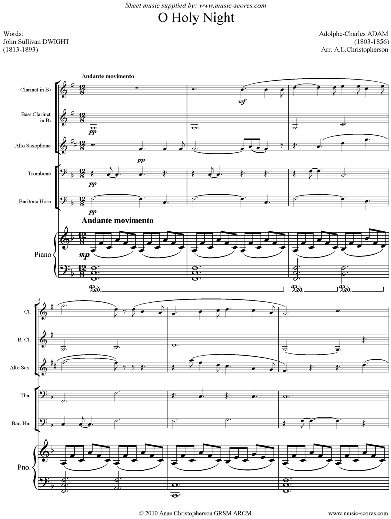 Front page of O Holy Night, or Cantique de Noel. Clarinet, Alto Sax, Trombone, Baritone Horn, Bass Clarinet and Piano sheet music