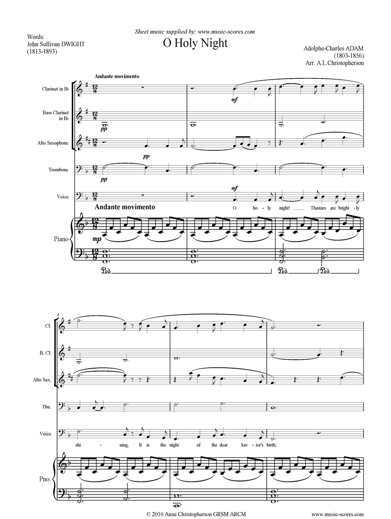 Front page of O Holy Night, or Cantique de Noel. Voice, Clarinet, Alto Sax, Trombone, Bass Clarinet and Piano sheet music